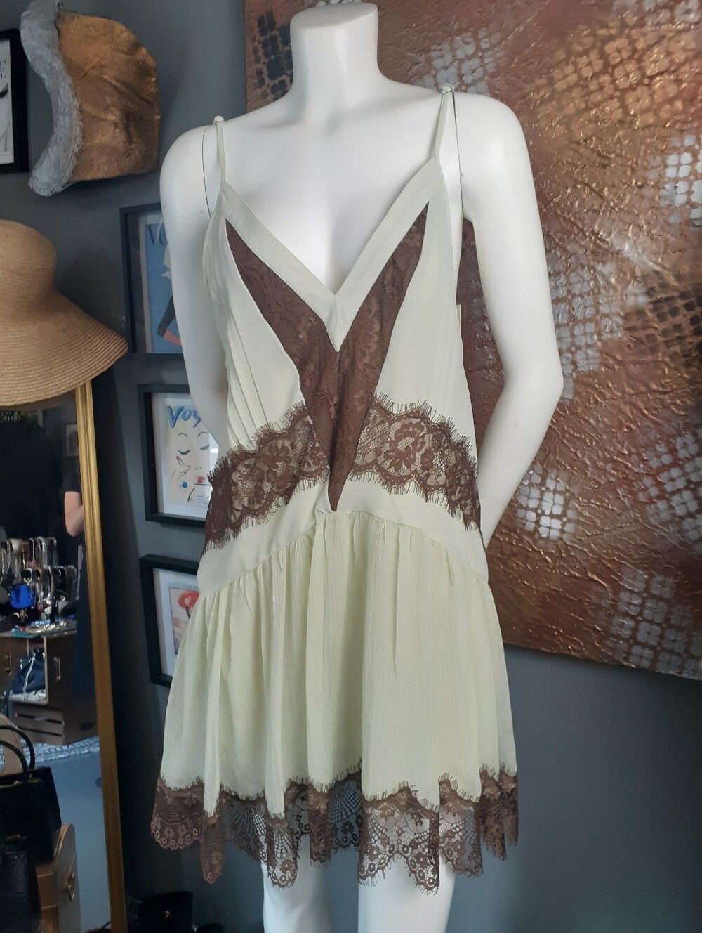 Zara Nwt Lace-Trim Chiffon Slip Dress in Pale Green and Chocolate Brown - Picture 13 of 16